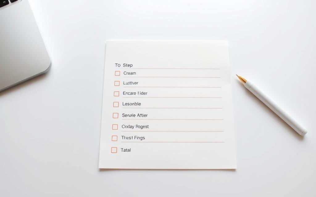 Detailed photographic image of a crisp white desk surface, with a neatly organized to-do list schedule outlined in a warm-toned, minimalist style. The schedule features various labeled steps arranged in a clean grid layout, with subtle shadows and a soft, diffused lighting that accentuates the sleek, professional aesthetic. The background is a muted, neutral tone, allowing the to-do list to be the focal point, conveying a sense of productivity and efficiency.