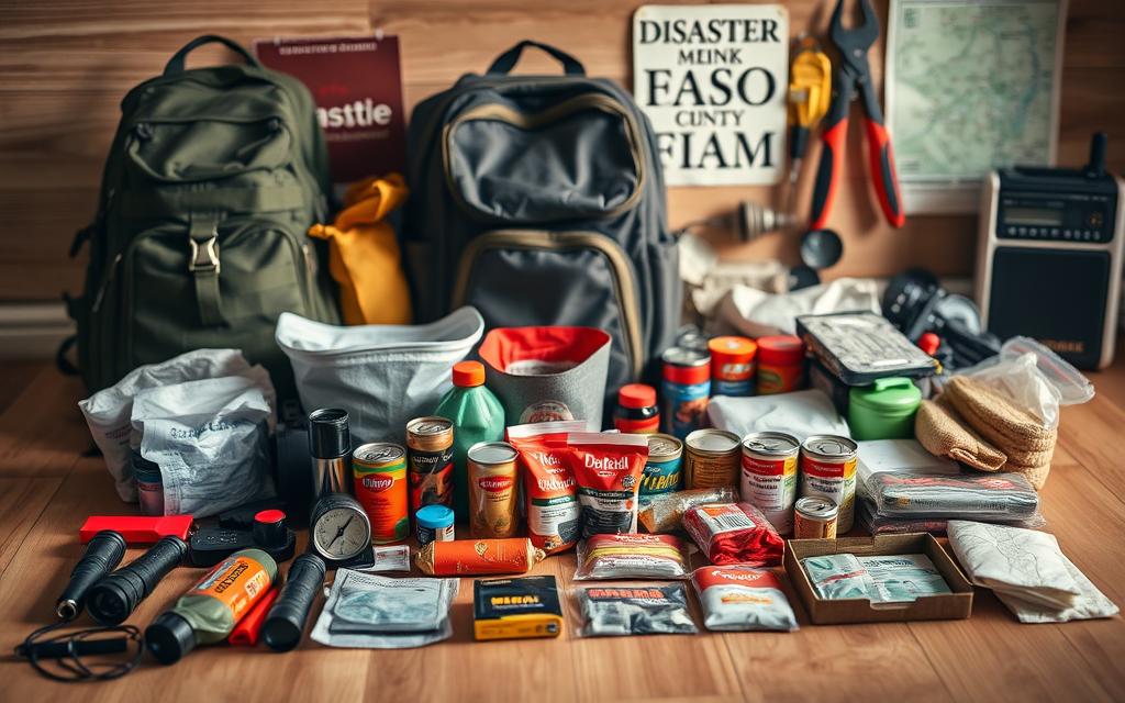 Disaster preparedness kit, neatly organized on a clean wooden surface. In the foreground, various emergency supplies such as flashlights, batteries, first-aid kits, and canned food. The middle ground features a sturdy backpack, a survival blanket, and a basic toolkit. In the background, a map, a compass, and a radio add to the sense of preparedness. Soft, natural lighting casts a warm glow, conveying a sense of readiness and security. Shot with a high-resolution DSLR camera, using a shallow depth of field to focus attention on the essential items.