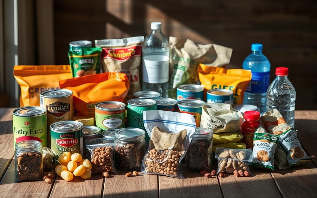 Diverse array of emergency food items, including canned goods, dried fruits, nuts, and bottled water, arranged on a wood table with natural lighting. Soft shadows create depth and a sense of three-dimensionality. The items are carefully positioned to showcase their variety and appeal, conveying a sense of preparedness and versatility in times of crisis. The overall mood is one of calm, organized readiness, with a touch of warm, earthy tones reflecting the natural and wholesome nature of the emergency supplies.
