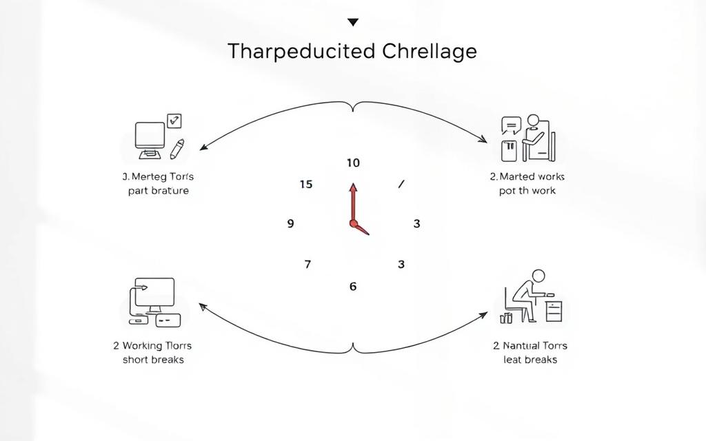 Intricate line diagrams depicting the distinct stages of the Pomodoro Technique for time management. Illustrations showing the cyclical process of focused work intervals followed by short breaks, against a plain white background with natural soft lighting. The steps are visually represented through minimalist icons and graphical elements, conveying the straightforward yet effective nature of this productivity method. The overall aesthetic is clean, modern, and informative, suitable for educational purposes.