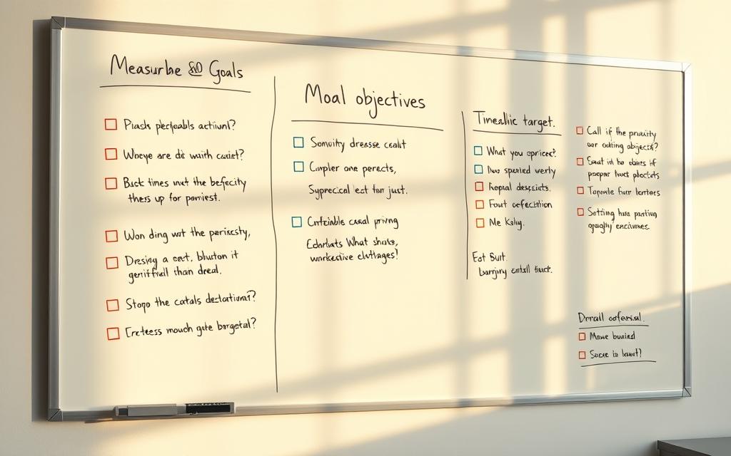 Measurable objectives example: a neatly organized whiteboard filled with concise, actionable goals and milestones. Warm, natural lighting illuminates the scene, casting soft shadows on the clean, minimalist workspace. The board's surface reflects the surroundings, creating a sense of depth and a professional, focused atmosphere. Crisp, legible handwriting outlines specific, time-bound targets, complemented by checkboxes and color-coded sections, emphasizing the structured, goal-oriented nature of the scene. The overall composition conveys a sense of progress, productivity, and clarity, inspiring the viewer to approach their own objectives with a similar level of intentionality and organization.
