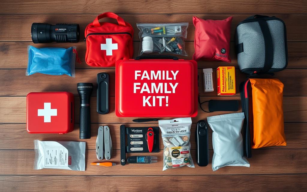 Meticulously arranged family emergency kit on a wooden surface, illuminated by soft, natural lighting. The kit includes a first-aid box, a flashlight, a multi-tool, a thermal blanket, a whistle, and other essential supplies organized in a visually appealing manner. The composition emphasizes the importance of preparedness, with the items strategically placed to convey a sense of order and practicality. The overall mood is one of reassurance and attention to detail, reflecting the care and foresight necessary for building a customized emergency kit.