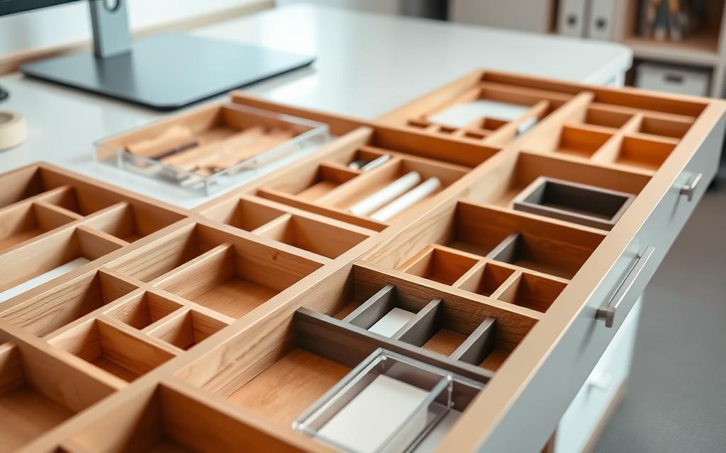 Neatly arranged drawer organizers showcase an array of compartments, dividers, and trays in a well-lit, organized office setting. High-quality wood or acrylic materials in neutral tones create a sleek, minimalist aesthetic. Strategically placed lighting casts a soft glow, highlighting the functional design and practical storage solutions. The scene conveys a sense of efficiency and control, perfectly suited for the "Innovative Drawer and Cabinet Organizers" section of the article. Neatly arranged drawer organizers showcase an array of compartments, dividers, and trays in a well-lit, organized office setting. High-quality wood or acrylic materials in neutral tones create a sleek, minimalist aesthetic. Strategically placed lighting casts a soft glow, highlighting the functional design and practical storage solutions. The scene conveys a sense of efficiency and control, perfectly suited for the "Innovative Drawer and Cabinet Organizers" section of the article.
