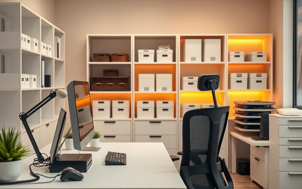 Organized office space with clean, minimalist desk setup. Neatly arranged shelves, trays, and storage containers in the background. Subtle warm lighting illuminates the scene, creating a focused and productive atmosphere. Ergonomic chair and desk setup, promoting good posture and flow. Potted plant or small decor element adds a touch of nature. Streamlined cable management and clean surfaces convey an efficient, clutter-free workspace. High-quality, high-resolution photographic image.