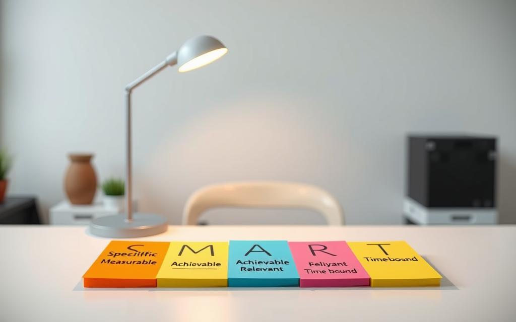 Photographic, realistic image of a SMART goal framework displayed on a clean, white office desk. In the foreground, a set of colorful sticky notes arranged in a grid, each note representing a component of the SMART framework: Specific, Measurable, Achievable, Relevant, and Time-bound. In the middle ground, a sleek, minimalist desk lamp casts a warm, focused light on the notes. The background features a neutral, uncluttered workspace, suggesting a professional, productive environment.