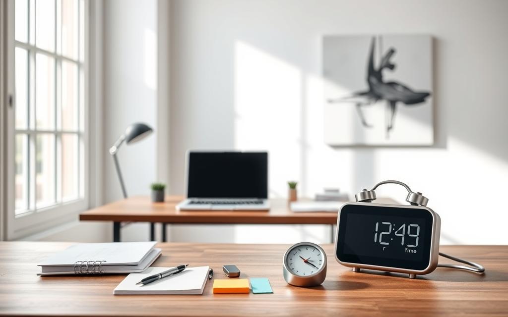 Photographic, realistic image of a lush, minimalist office space, with a wooden desk, a modern laptop, and a sleek digital clock prominently displayed. Soft, diffused lighting from large windows illuminates the scene, creating a serene and productive atmosphere. In the foreground, various time management tools are neatly arranged, including a planner, a timer, and a set of color-coded sticky notes. The background features a clean, white wall with a modern abstract art piece, adding a touch of sophistication to the scene. The overall composition conveys a sense of efficiency, organization, and the mastery of time management techniques.