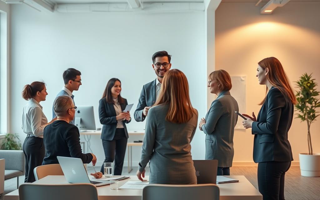 Photographic, realistic image of a professional office space, showcasing effective delegation strategies. In the foreground, a team of diverse professionals collaborating on a project, delegating tasks and responsibilities. In the middle ground, a manager supervising the team, providing guidance and support. In the background, a minimalist, well-lit office environment with clean lines and modern furnishings, conveying a sense of efficiency and organization. Soft, warm lighting illuminates the scene, creating a productive and calm atmosphere. The image should emphasize the importance of delegation and time management in a professional setting.