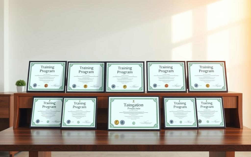 Photographic, realistic image of an orderly array of training program certificates, diplomas, and credentials. The certificates are displayed on a sleek, minimalist wooden desk with a warm, natural lighting illuminating the scene. The background is a clean, neutral-toned office space, conveying a professional, career-oriented atmosphere. The certificates are arranged in a visually appealing, symmetrical layout, highlighting their importance and the wearer's commitment to professional development. The overall composition emphasizes the significance of leveraging such achievements to further one's career. Photographic, realistic image of an orderly array of training program certificates, diplomas, and credentials. The certificates are displayed on a sleek, minimalist wooden desk with a warm, natural lighting illuminating the scene. The background is a clean, neutral-toned office space, conveying a professional, career-oriented atmosphere. The certificates are arranged in a visually appealing, symmetrical layout, highlighting their importance and the wearer's commitment to professional development. The overall composition emphasizes the significance of leveraging such achievements to further one's career.