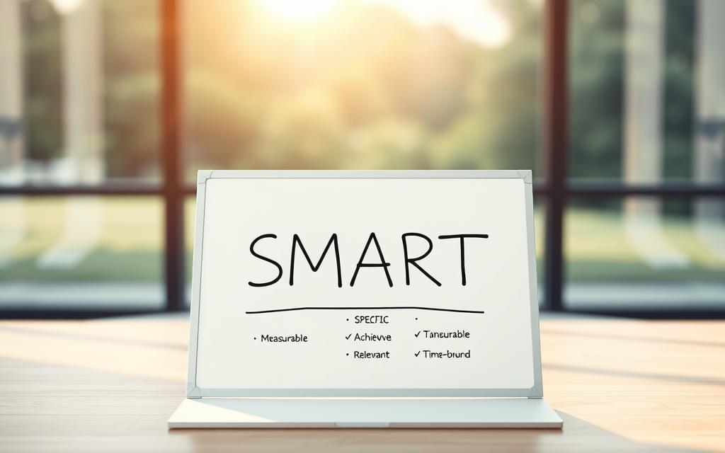 Photorealistic image depicting the SMART goal framework. Centered in the foreground, a clean, minimalist workspace with a whiteboard or notepad displaying the key elements of the SMART acronym - Specific, Measurable, Achievable, Relevant, and Time-bound. In the middle ground, abstract geometric shapes and lines representing the interconnected nature of the framework. The background is a softly blurred, natural setting, perhaps an office window overlooking a serene outdoor landscape, conveying a sense of focus, clarity, and attainability. Warm, natural lighting emanates from the foreground, creating a refined, professional atmosphere.