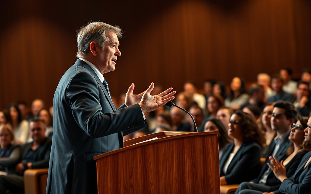 Photorealistic image of a business leader standing at a podium, delivering an inspiring speech to a diverse audience. The speaker, dressed in a sharp suit, gestures expressively with their hands, captivating the crowd. The lighting is warm and dramatic, casting shadows that accentuate the speaker's features. The audience members, seated in an auditorium-style setting, lean forward attentively, their faces reflecting a mix of engagement and contemplation. The background is blurred, keeping the focus on the speaker and the audience interaction. Subtle details, such as the texture of the podium and the folds of the speaker's clothing, add depth and realism to the scene. Photorealistic image of a business leader standing at a podium, delivering an inspiring speech to a diverse audience. The speaker, dressed in a sharp suit, gestures expressively with their hands, captivating the crowd. The lighting is warm and dramatic, casting shadows that accentuate the speaker's features. The audience members, seated in an auditorium-style setting, lean forward attentively, their faces reflecting a mix of engagement and contemplation. The background is blurred, keeping the focus on the speaker and the audience interaction. Subtle details, such as the texture of the podium and the folds of the speaker's clothing, add depth and realism to the scene.