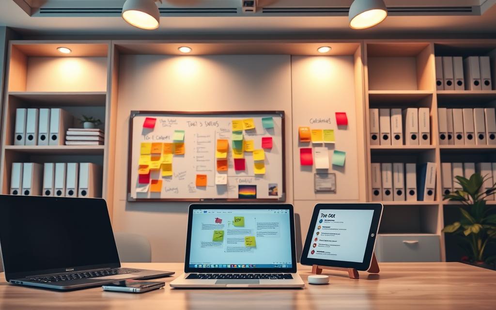 Photorealistic image of a modern, well-organized office workspace showcasing various workflow management tools. In the foreground, a desk with a laptop, a stylish smartphone, and a sleek tablet with a digital to-do list displayed. In the middle ground, a wall-mounted whiteboard with sticky notes and color-coded task lists. The background features built-in shelving filled with neatly organized binders, folders, and project management software manuals. Warm, diffused lighting from overhead fixtures creates a professional and productive atmosphere. The overall scene conveys a sense of efficiency, organization, and focus on task automation.