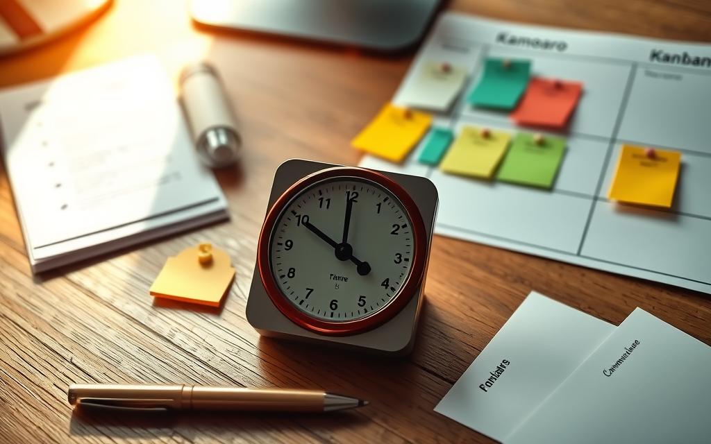 Pomodoro technique timer and Kanban board with productivity tools, office desk scene. Warm, natural lighting from overhead. Detailed, photorealistic depiction. Timer, pen, sticky notes, and task cards on a wooden desk. Minimalist, clean workspace design. Subtle hints of organization and focus. Conveying a sense of strategic time management and workflow efficiency.