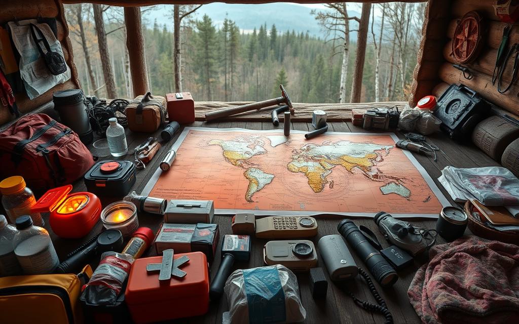 Preparedness scenarios unfold in a meticulously organized setting. In the foreground, an array of essential survival gear - water, first-aid kits, flashlights, and emergency blankets - lies ready for immediate use. The middle ground reveals a comprehensive map, pinpointing potential hazard zones and evacuation routes, illuminated by warm, natural lighting. In the background, a panoramic view of a serene, yet vigilant environment - a secluded cabin in the woods, with ample resources and a sense of self-reliance. The overall mood exudes a balanced combination of preparedness, resilience, and a calm determination to face any unexpected challenge.