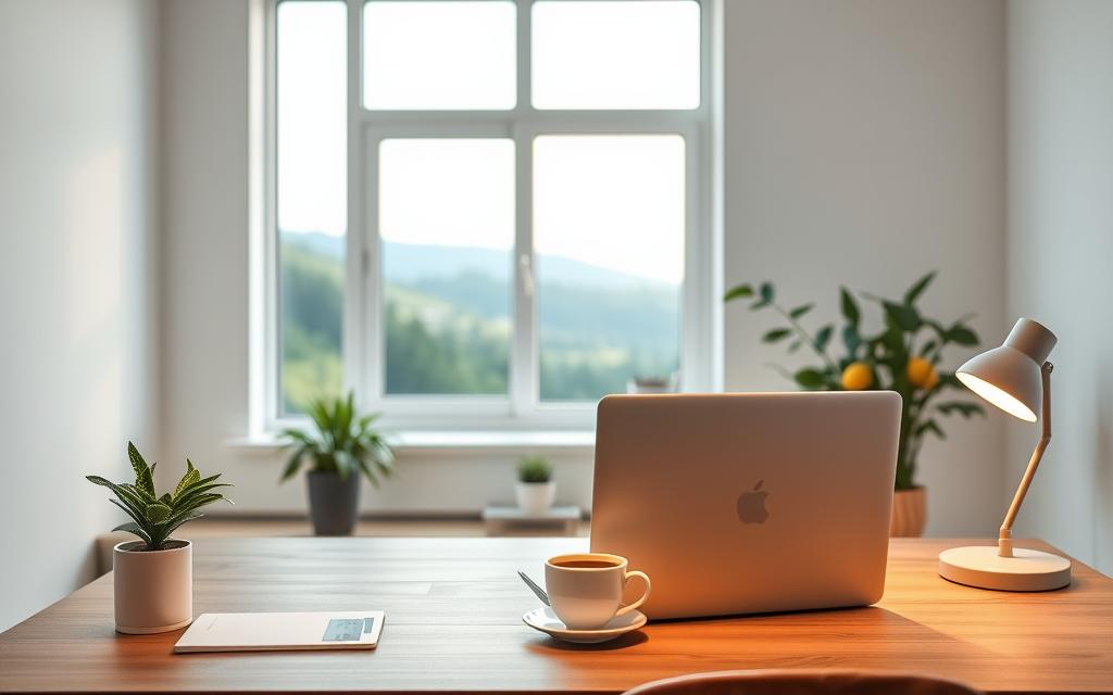 Remote work boundaries, a digital office with a cozy yet professional atmosphere. In the foreground, a well-organized desk with a laptop, a cup of coffee, and a plant, signifying a balanced work-life dynamic. The middle ground features a window overlooking a serene outdoor landscape, blending the boundaries between work and personal spaces. Soft, warm lighting sets a calming mood, while a minimalist, neutral-toned decor creates a sense of focus and productivity. Subtle lines and shapes suggest the fluidity of remote work, where boundaries are flexible yet maintained. The overall scene conveys a harmonious intersection of work and home, reflecting the adaptability required in modern blended work environments.