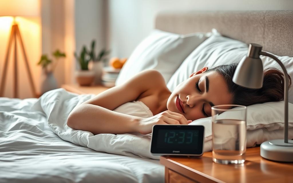 Serene bedroom setting with a person sleeping peacefully, surrounded by objects that promote healthy sleep habits. Soft, warm lighting casts a gentle glow, creating a tranquil atmosphere. Prominently featured are a high-quality mattress, plush bedding, and a comfortable pillow. On the nightstand, a digital clock and a glass of water symbolize the importance of sleep hygiene. In the background, subtle glimpses of a peaceful, clutter-free environment with soothing colors and natural elements, like a houseplant, convey a sense of balance and mindfulness. The overall scene evokes a sense of relaxation and the restorative power of quality sleep for improved focus and concentration. Serene bedroom setting with a person sleeping peacefully, surrounded by objects that promote healthy sleep habits. Soft, warm lighting casts a gentle glow, creating a tranquil atmosphere. Prominently featured are a high-quality mattress, plush bedding, and a comfortable pillow. On the nightstand, a digital clock and a glass of water symbolize the importance of sleep hygiene. In the background, subtle glimpses of a peaceful, clutter-free environment with soothing colors and natural elements, like a houseplant, convey a sense of balance and mindfulness. The overall scene evokes a sense of relaxation and the restorative power of quality sleep for improved focus and concentration.