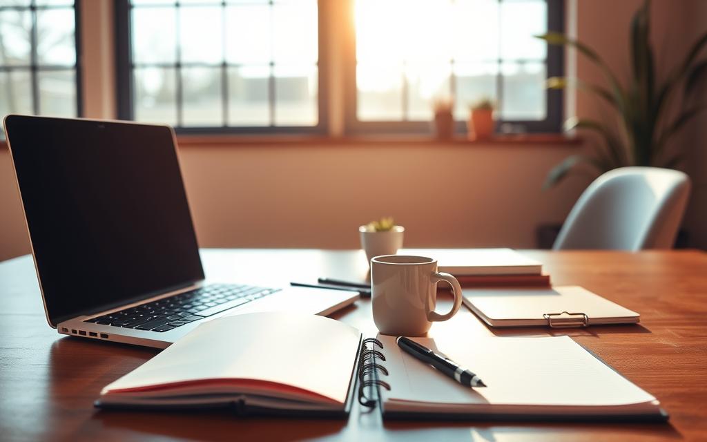 Serene office scene with a desk, laptop, and desk accessories set against a warm, inviting backdrop. Soft natural lighting filters through large windows, creating a tranquil, focused atmosphere. On the desk, a planner, pen, and a mug of coffee stand ready, symbolizing the tools for effective goal planning. The overall composition highlights the importance of creating a conducive environment for setting and achieving attainable goals.