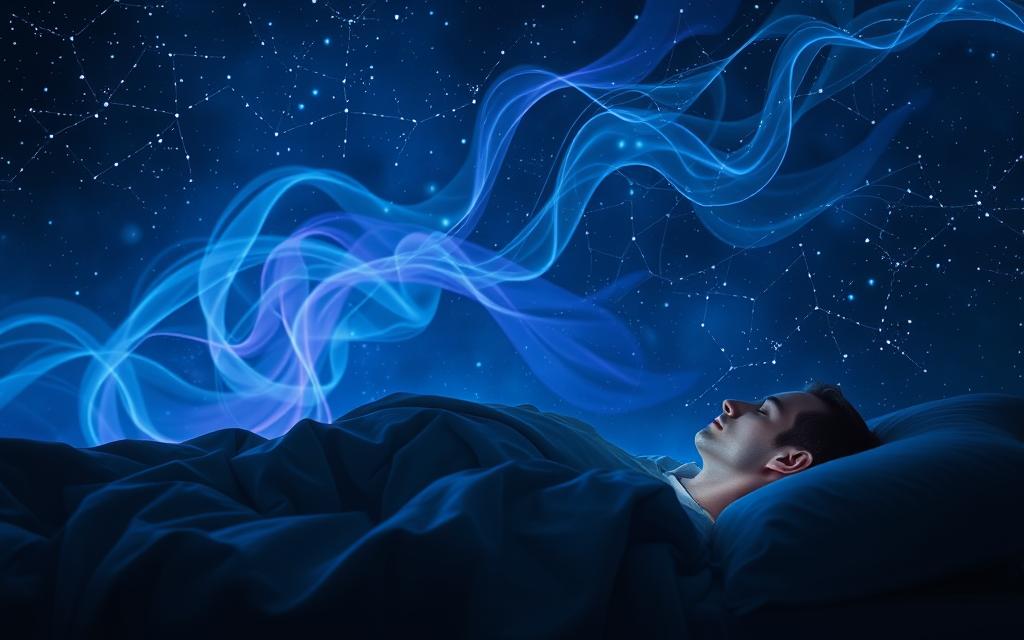Surreal, dreamlike scene of sleep cycles and memory consolidation. In the foreground, a serene human figure rests peacefully, enveloped in a soft, ethereal glow. Swirling, abstract patterns in shades of blue and purple, resembling neural networks, flow through the middle ground, symbolizing the intricate processes of the sleeping brain. In the background, a starry night sky provides a mystical, contemplative atmosphere, suggesting the profound connection between sleep and memory formation. Subtle, cinematic lighting casts gentle shadows, creating depth and a sense of tranquility. Captured with a wide-angle lens to convey the vastness and complexity of the subconscious mind. Surreal, dreamlike scene of sleep cycles and memory consolidation. In the foreground, a serene human figure rests peacefully, enveloped in a soft, ethereal glow. Swirling, abstract patterns in shades of blue and purple, resembling neural networks, flow through the middle ground, symbolizing the intricate processes of the sleeping brain. In the background, a starry night sky provides a mystical, contemplative atmosphere, suggesting the profound connection between sleep and memory formation. Subtle, cinematic lighting casts gentle shadows, creating depth and a sense of tranquility. Captured with a wide-angle lens to convey the vastness and complexity of the subconscious mind.