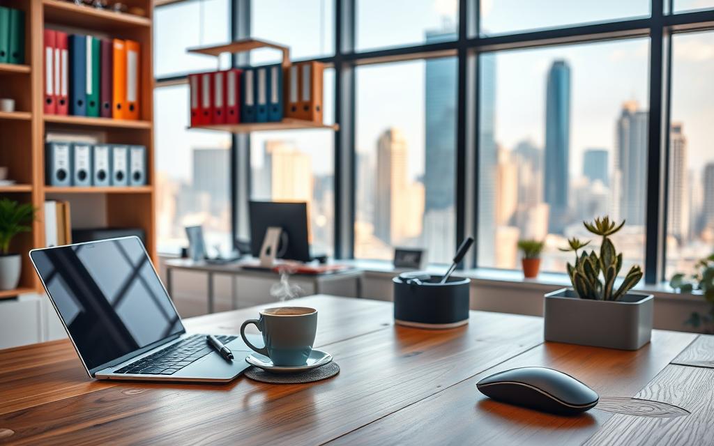 Vibrant office scene showcasing an array of productivity tools. In the foreground, a sleek, modern desk with a laptop, pen tablet, and a cordless mouse on a minimalist bamboo surface. Beside it, a cup of coffee steams gently. In the middle ground, shelves display an array of organizational essentials - color-coded folders, a label maker, and a desktop organizer. The background features a large window overlooking a bustling city skyline, flooding the room with warm, natural light. The overall atmosphere is one of efficiency, focus, and a touch of minimalist elegance.