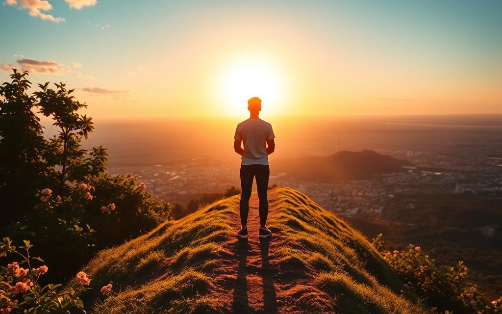 Visualize a vibrant, inspirational scene of a person's journey to success. In the foreground, depict a person standing atop a hill, gazing confidently towards the horizon, their silhouette backlit by a warm, golden sunset. In the middle ground, a winding path leads up the hill, flanked by lush, verdant foliage and blooming flowers, symbolizing the growth and progress of the journey. In the background, a sprawling cityscape or landscape stretches out, representing the vast potential and opportunities awaiting. Capture a sense of determination, optimism, and the transformative power of visualizing one's goals. Use a cinematic, wide-angle lens with soft, directional lighting to heighten the emotive, inspirational tone.