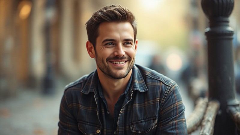 A handsome 30-year-old American man, wearing casual clothes, and smiling subtly.