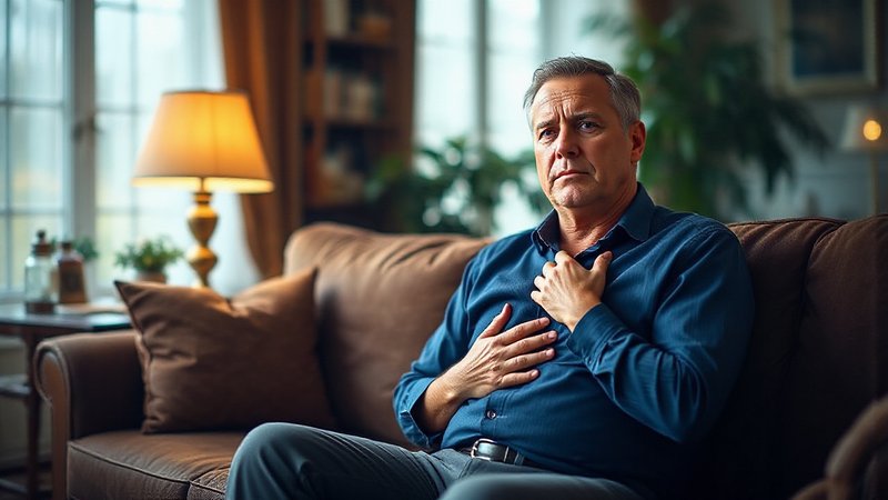 A man sitting on the sofa of his living room, with a hand on his chest, and suffering from heartburn