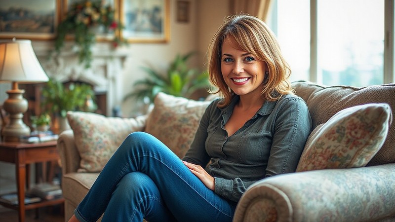 A middle-age American woman sitting on the sofa of her living room.
