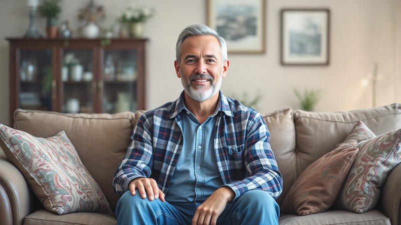 A middle-age man sitting on the sofa of his living room, wearing casual clothes, and smiling subtly