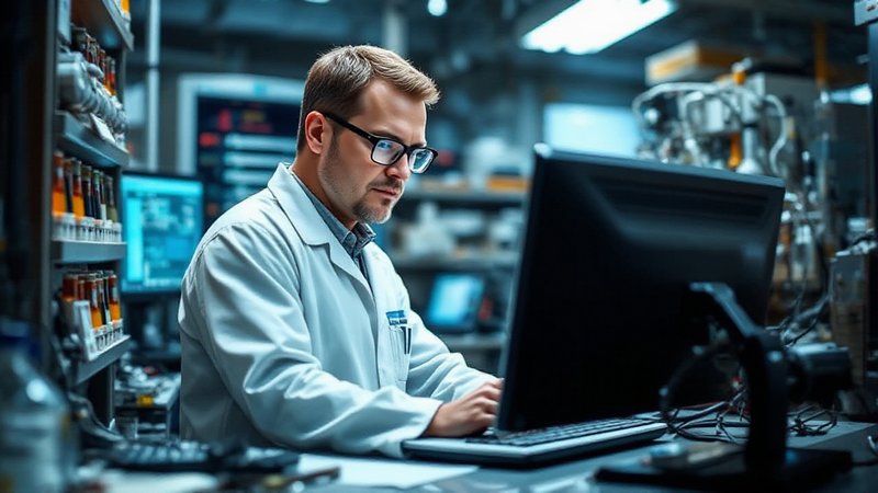 Middle-age male scientist using a computer in a scientific laboratory.