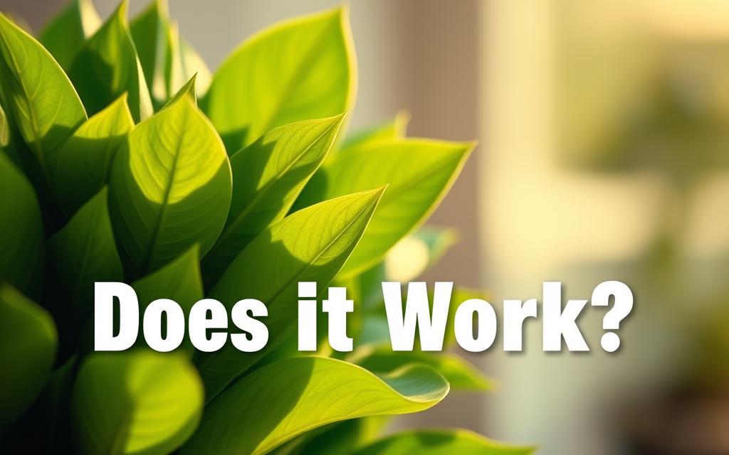 A close-up view of a lush, verdant plant against a soft, blurred background. The leaves are vibrant, with a healthy, glowing sheen, and the lighting is warm and natural, casting gentle shadows and highlights. The composition emphasizes the plant's vitality and flourishing state, conveying a sense of organic, thriving energy. The image suggests a positive, affirmative response to the question "Does it work?", hinting at the plant's robust and productive nature.