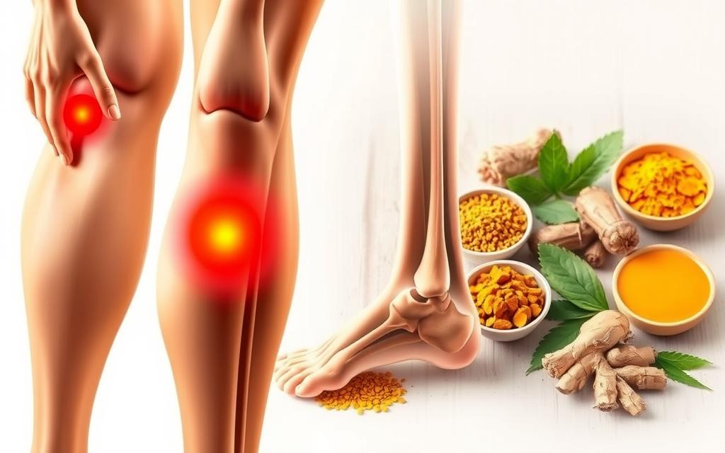 A detailed illustration showcasing the primary causes of joint pain. In the foreground, a set of human joints - knee, elbow, and ankle - are highlighted, with specific areas of inflammation and deterioration clearly visible. The middle ground features a cross-section of a joint, revealing the underlying bone, cartilage, and synovial fluid. In the background, a series of natural, organic ingredients commonly used to alleviate joint issues, such as turmeric, ginger, and omega-3 fatty acids, are arranged in a visually appealing manner. The overall lighting is soft and natural, with a warm, soothing color palette that conveys a sense of healing and wellness.