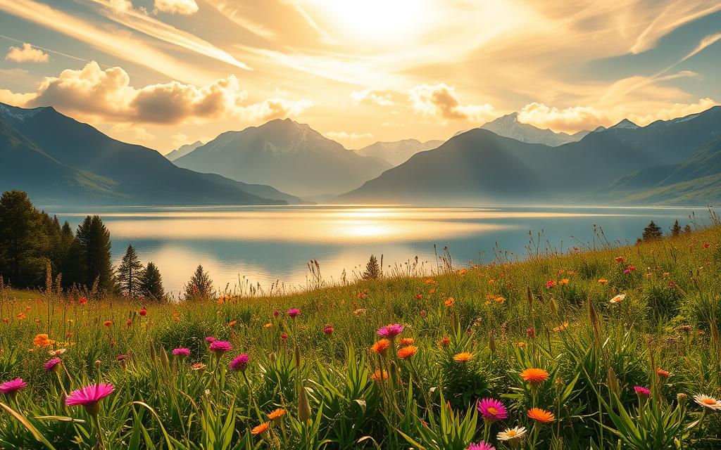 A lush, verdant meadow with vibrant wildflowers in the foreground, framing a serene, pristine lake in the middle ground. In the background, majestic snow-capped mountains rise, bathed in warm, golden sunlight filtering through wispy clouds. The scene exudes a sense of tranquility and natural harmony, capturing the essence of the "Pros of Balmorex Pro: What Users Like." The image is captured through a wide-angle lens, showcasing the expansive, picturesque landscape. The overall mood is one of peaceful, calming serenity, highlighting the natural, healthful benefits of the Balmorex Pro supplement.