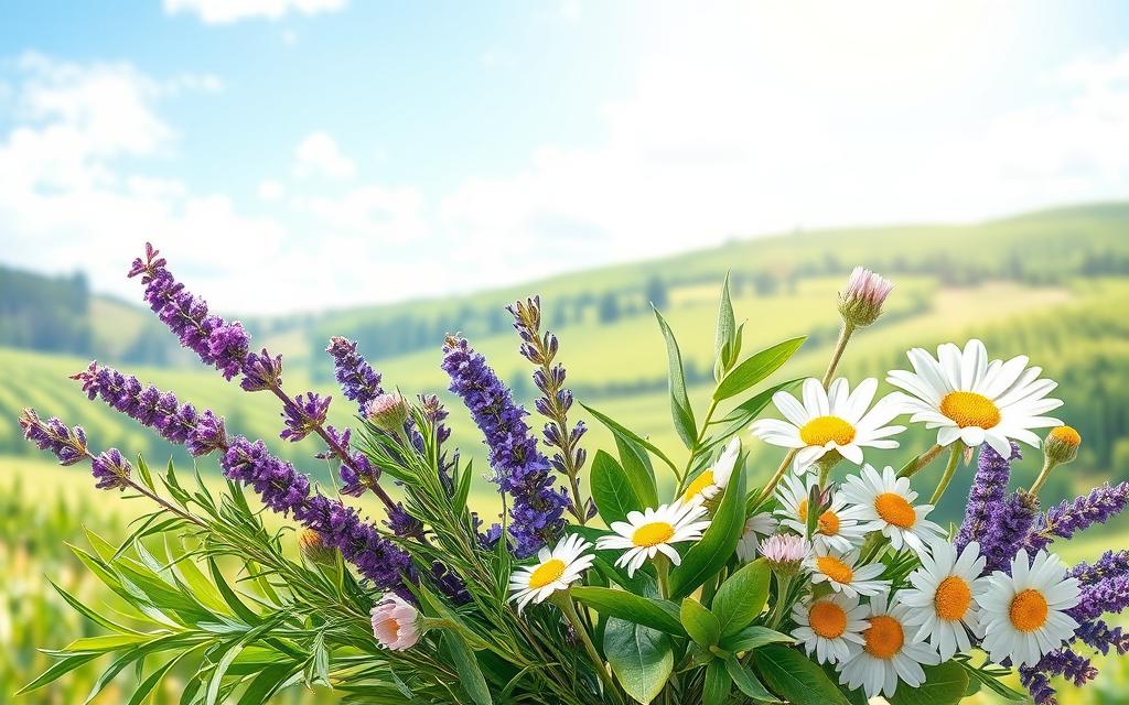 A vibrant, high-resolution digital illustration showcasing the natural ingredients and benefits of Balmorex Pro. The image features a central composition with a clean, minimal aesthetic. In the foreground, a bouquet of fresh botanicals such as rosemary, lavender, and chamomile are artfully arranged, their textures and colors accentuated by soft, natural lighting. The middle ground depicts a serene, natural landscape with lush greenery and a calming, cloud-dotted sky. The background subtly hints at the product's efficacy through abstract visual metaphors, like swirling energy fields or glowing auras. The overall mood is one of wellness, purity, and natural vitality, capturing the essence of the Balmorex Pro brand.