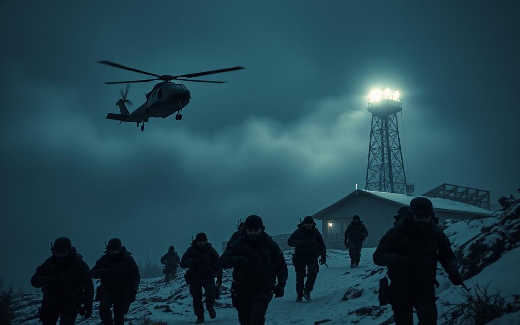 A covert military compound nestled in a rugged, snow-capped landscape. In the foreground, a squad of elite BlackOps soldiers clad in tactical gear, their faces obscured by night-vision goggles, move with precision and stealth. Overhead, a lone helicopter hovers, its blades cutting through the thick, swirling mist. In the background, a towering watchtower stands guard, its floodlights piercing the darkness. The scene exudes an air of tension and urgency, reflecting the high-stakes world of BlackOps survival strategies.