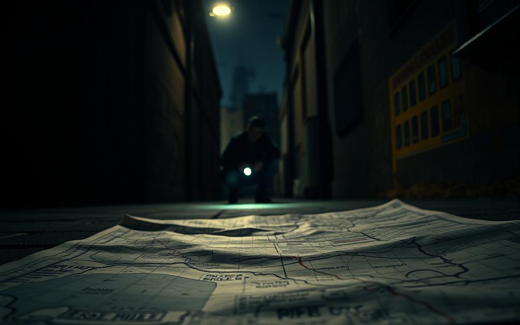 A dimly lit urban alleyway, shadows cast from a single streetlamp. In the foreground, a detailed map is spread out, highlighting potential escape routes and marked safe zones. The middle ground features a person crouched, intently studying the map, a flashlight beam cutting through the gloom. In the background, the hazy silhouettes of buildings loom, conveying a sense of enclosure and potential danger. The scene is bathed in a warm, muted color palette, creating an atmosphere of cautious exploration and survival instincts. Cinematic, low-angle shot, with a shallow depth of field to focus the viewer's attention.
