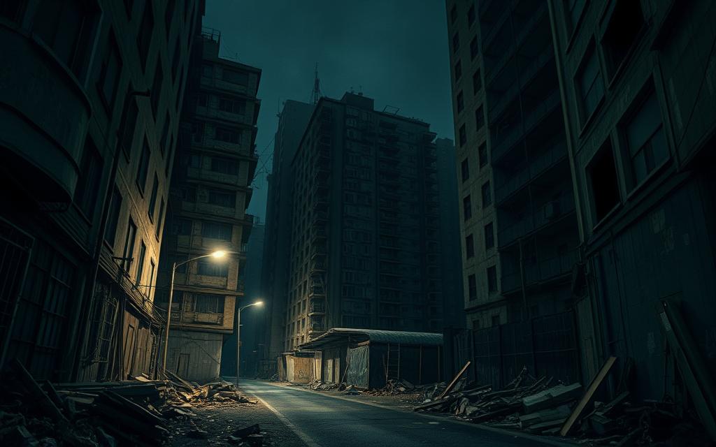 A dimly lit urban landscape, the streetlights casting an eerie glow over a dilapidated cityscape. Crumbling buildings, their windows boarded up, stand as silent sentinels of a forgotten world. In the foreground, a narrow alley winds its way between towering structures, its shadows concealing the vulnerabilities that lurk within. Discarded debris litters the ground, a testament to the neglect and decay that permeate this once vibrant community. The atmosphere is heavy with a sense of unease, the air thick with the weight of uncertainty. This is the reality of urban survival, a world where the illusion of safety is shattered by the harsh realities that lurk in the shadows.