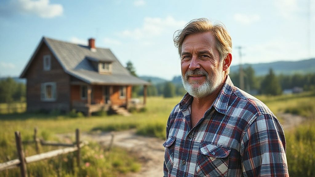 A middle-age man standing smiling subtly. A homestead in the background.
