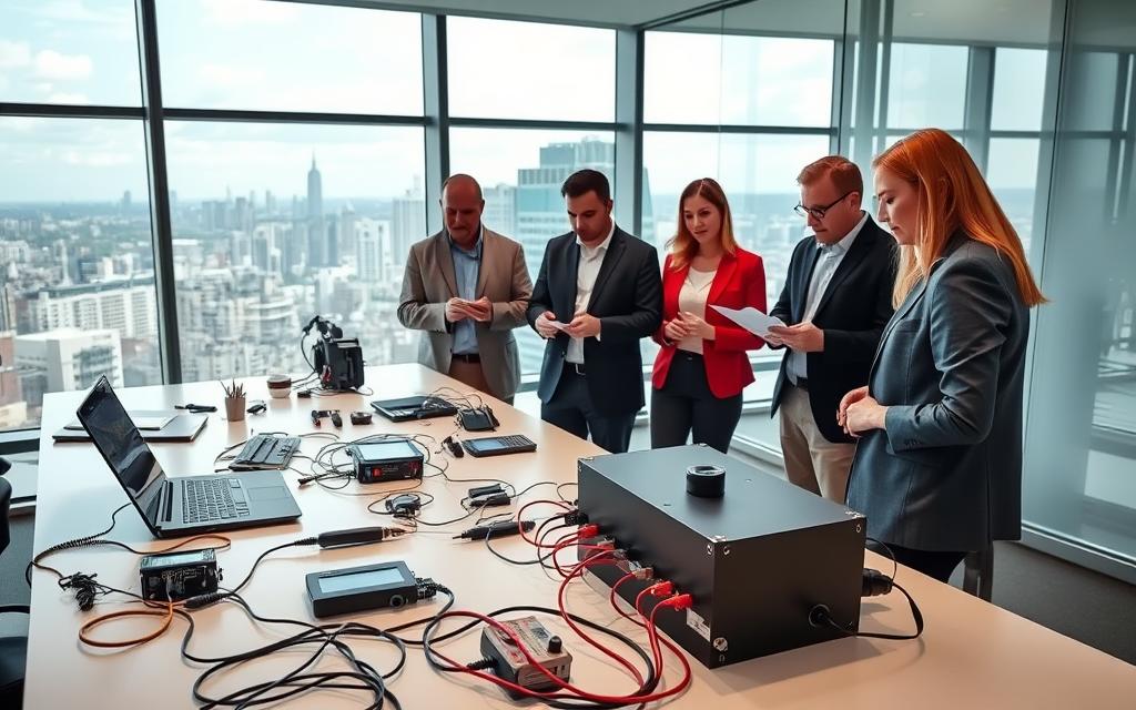 A modern, well-lit office setting with a sleek, minimalist desk showcasing a laptop, tablet, and various technical instruments. In the foreground, a hands-on demonstration of the "Energy Revolution System" device, with wires, meters, and components displayed in an organized, informative manner. The middle ground features a group of individuals, both men and women, intently observing the demonstration and taking notes. The background depicts a large, floor-to-ceiling window overlooking a bustling cityscape, conveying a sense of progress and innovation. The overall atmosphere is one of focused, professional evaluation, with a touch of excitement and anticipation for the performance results.