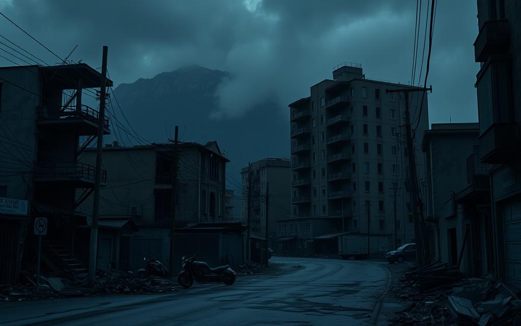 A photorealistic, ultra-detailed, 8K resolution image of a dark street in a gloomy city with semi destroyed building after a disaster.