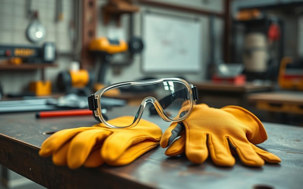 A photorealistic, ultra-detailed, 8K resolution image of safety goggles and gloves on a workbench.