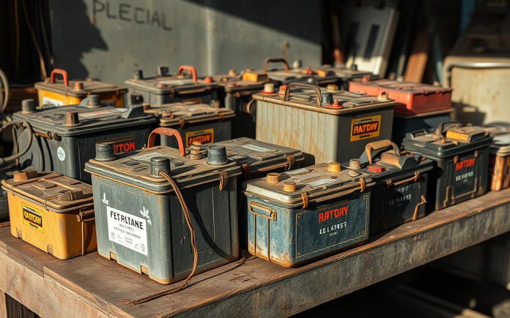A photorealistic, ultra-detailed, 8K resolution image of some old car batteries on a workbench.