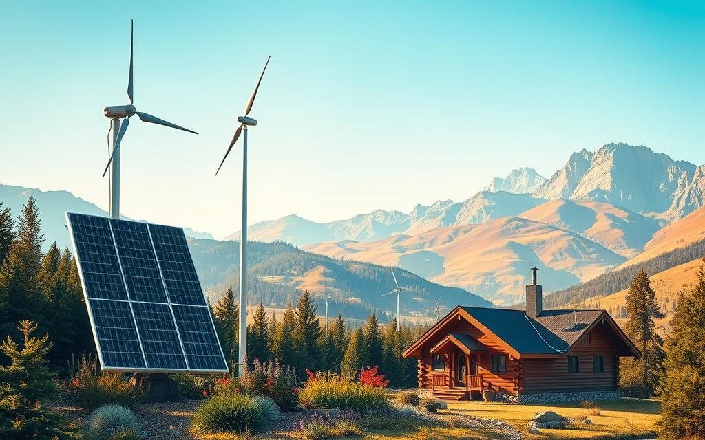 A remote, off-grid cabin nestled in a lush, forested landscape. In the foreground, a solar panel array stands tall, its gleaming surface catching the warm, golden rays of the sun. Nearby, a wind turbine spins lazily, its blades cutting through the crisp, mountain air. In the middle ground, a small, well-tended garden flourishes, its vibrant greens and vibrant hues contrasting with the rugged terrain. In the background, rolling hills and towering peaks rise up, their craggy silhouettes silhouetted against a cloudless, azure sky. The overall atmosphere conveys a sense of self-sufficiency, harmony with nature, and a peaceful, off-the-grid lifestyle.
