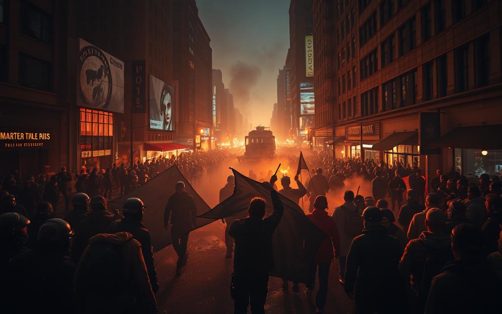 A riot in a dark and gloomy city