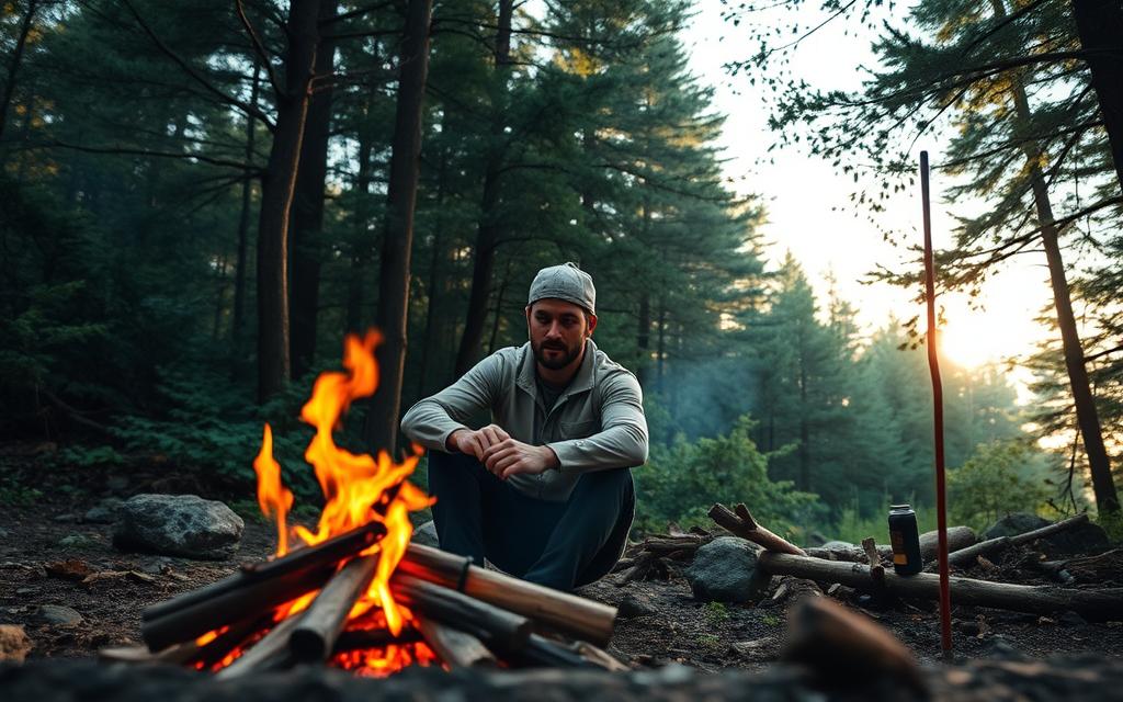 A rugged outdoor setting, with a focus on essential survival skills. In the foreground, a collection of survival tools and equipment - a sturdy knife, a flint and steel, a compass, a water purifier, and a tactical flashlight, all arranged neatly on a weathered wooden surface. In the middle ground, a skilled individual demonstrates techniques for starting a fire, purifying water, and navigating using the tools. The background features a lush, dense forest with rays of warm sunlight filtering through the canopy, creating a sense of tranquility and self-reliance. The overall scene conveys a mood of preparedness, resilience, and the ability to thrive in challenging environments.
