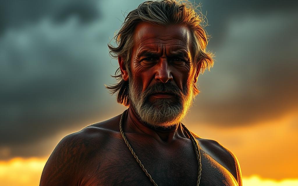 A rugged, weathered individual stands tall, their gaze unwavering, exuding an aura of unshakable mental fortitude. The scene is bathed in a warm, golden light, casting a resolute glow on the person's determined expression. Shadows play across their face, hinting at the challenges they have overcome. In the background, a storm brews, dark clouds swirling, but the subject remains steadfast, their posture and bearing conveying an unbreakable spirit. The composition is tightly framed, emphasizing the subject's resolute presence, a testament to the power of the mind to overcome any obstacle.