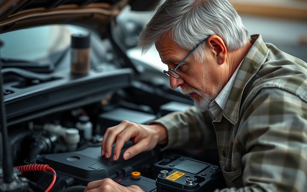 Man examining the battery inside his car.