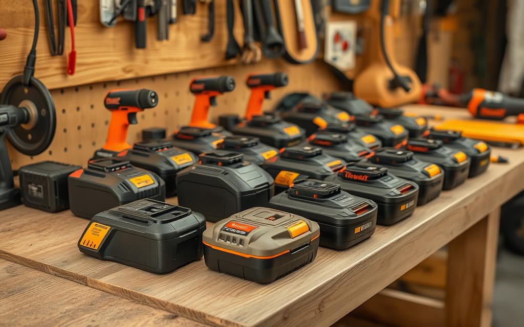 Power tool batteries on a workbench