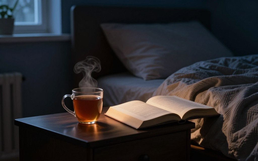 Dark quiet bedroom with a caffeine-free drink beside a book
